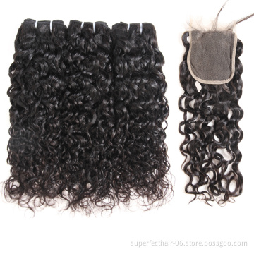 Wholesale Raw Virgin Indian Hair Water Wave Human Hair Weave Bundles With Lace Frontal Closure
